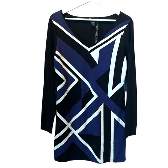 INC International Concepts Sweaters - New INC Women’s Geometric Black Blue Tunic v Neck Sweater Size Large NWT